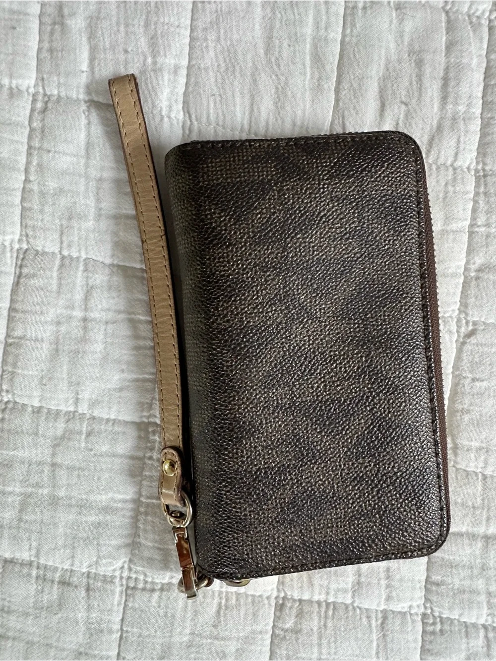 Michael Kors Dark Brown Zip Wristlet with Gold Plate